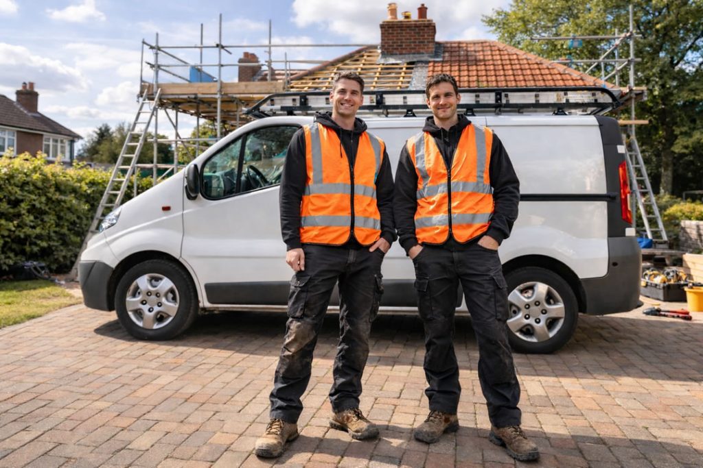 roofers next to a work van taking on next job lead